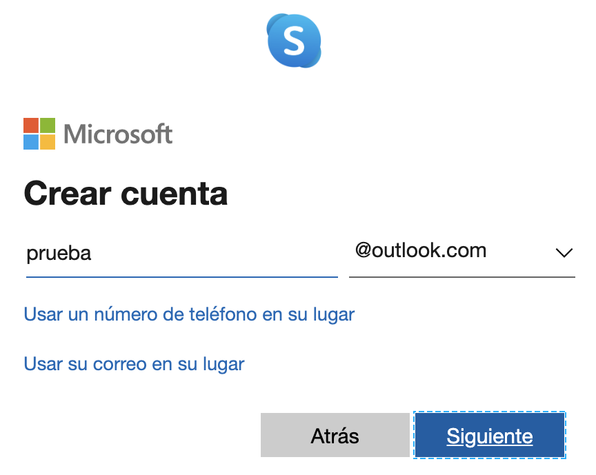 Ingresar correo electrónico personal para crear cuenta en Skype